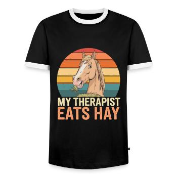 My Therapist Eats Hay Horse Retro Design - Men's Ringer Shirt - black/white - Front - AI Model Female 172 light (172cm) & AI Model Male 178 light (178cm)