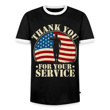 Thank you for your service - Men's Ringer Shirt - black/white - Front - AI Model Female 172 light (172cm) & AI Model Male 178 light (178cm)