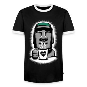 Easter Island Coffee Moai Heart Mug - Men's Ringer Shirt - black/white - Front - AI Model Female 172 light (172cm) & AI Model Male 178 light (178cm)