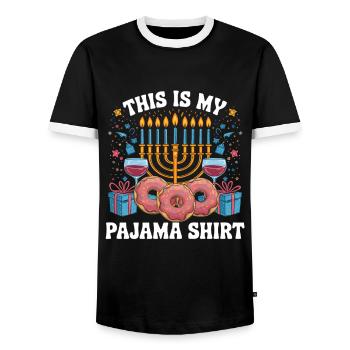 This is my pajama shirt Hanukkah candlestick design - Men's Ringer Shirt - black/white - Front - AI Model Female 172 light (172cm) & AI Model Male 178 light (178cm)