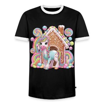 Candy Unicorn and Gingerbread House Magic - Men's Ringer Shirt - black/white - Front - AI Model Female 172 light (172cm) & AI Model Male 178 light (178cm)