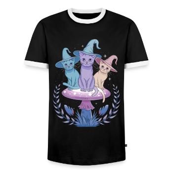 Verspielte Katzen mit Zauberhüten auf Fliegenpilz - Männer Kontrast-T-Shirt - Schwarz/Weiß - Vorne - AI Model Female 172 light (172cm) & AI Model Male 178 light (178cm)