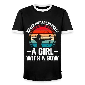 Never Underestimate A Girl With A Bow - Men's Ringer Shirt - black/white - Front - AI Model Female 172 light (172cm) & AI Model Male 178 light (178cm)