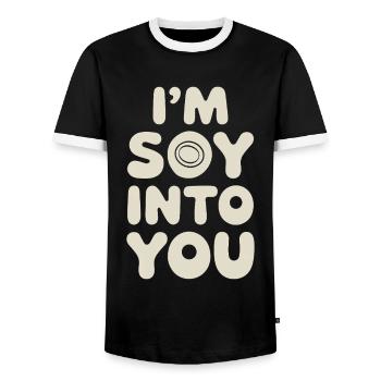 Ich Bin Total In Soja Verliebt – Vegan Vegetarisch - Männer Kontrast-T-Shirt - Schwarz/Weiß - Vorne - AI Model Female 172 light (172cm) & AI Model Male 178 light (178cm)