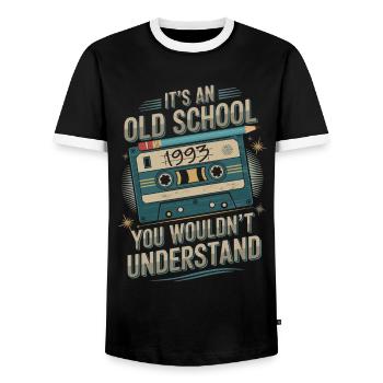 De vraies vibrations de la vieille école – 1993 - T-shirt contrasté Homme - noir/blanc - Devant - AI Model Female 172 light (172cm) & AI Model Male 178 light (178cm)