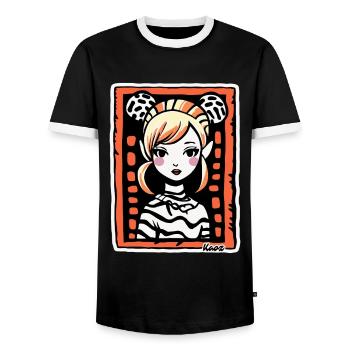 Stylisiertes Cartoon-Porträt – Kunstvolle Frau - Männer Kontrast-T-Shirt - Schwarz/Weiß - Vorne - AI Model Female 172 light (172cm) & AI Model Male 178 light (178cm)