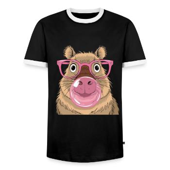 Capybara with pink glasses and bubblegum bubbles style - Men's Ringer Shirt - black/white - Front - AI Model Female 172 light (172cm) & AI Model Male 178 light (178cm)