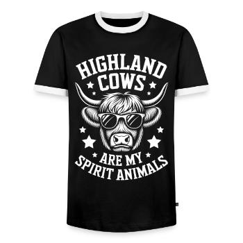 Highland Cow Scottish Highland Cattle Gift - Men's Ringer Shirt - black/white - Front - AI Model Female 172 light (172cm) & AI Model Male 178 light (178cm)