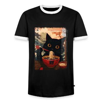 Schwarze Ramen-Katze – asiatisch und absurd - Männer Kontrast-T-Shirt - Schwarz/Weiß - Vorne - AI Model Female 172 light (172cm) & AI Model Male 178 light (178cm)