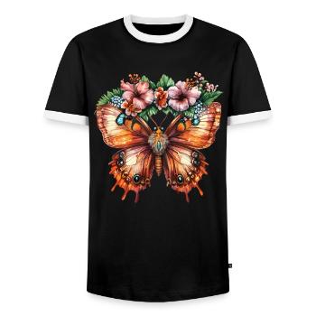 Tropical Butterfly with Flowers - Men's Ringer Shirt - black/white - Front - AI Model Female 172 light (172cm) & AI Model Male 178 light (178cm)