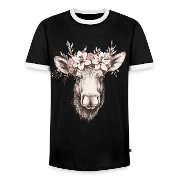 Moose with flower crown - Men's Ringer Shirt - black/white - Front - AI Model Female 172 light (172cm) & AI Model Male 178 light (178cm)
