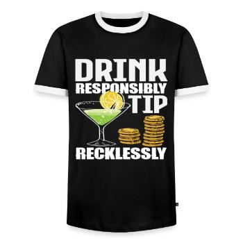 Barman Boire de manière responsable Pourboire imprudemment - T-shirt contrasté Homme - noir/blanc - Devant - AI Model Female 172 light (172cm) & AI Model Male 178 light (178cm)
