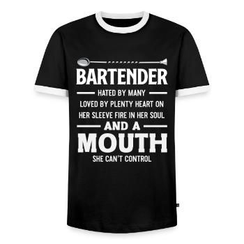 Bartender hated by many loved by many - Men's Ringer Shirt - black/white - Front - AI Model Female 172 light (172cm) & AI Model Male 178 light (178cm)