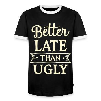 Better Late than Ugly Lustiger Spruch Zitat - Männer Kontrast-T-Shirt - Schwarz/Weiß - Vorne - AI Model Female 172 light (172cm) & AI Model Male 178 light (178cm)
