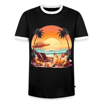 Relaxing on the beach under palm trees with - Men's Ringer Shirt - black/white - Front - AI Model Female 172 light (172cm) & AI Model Male 178 light (178cm)