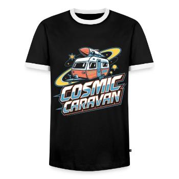 Cosmic Caravan Space Adventure for Explorers - Men's Ringer Shirt - black/white - Front - AI Model Female 172 light (172cm) & AI Model Male 178 light (178cm)