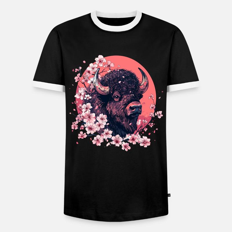 Bison mit Kirschblüten - Männer Kontrast-T-Shirt - Schwarz/Weiß