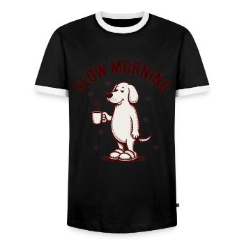Café lent du matin chien - T-shirt contrasté Homme - noir/blanc - Devant - AI Model Female 172 light (172cm) & AI Model Male 178 light (178cm)