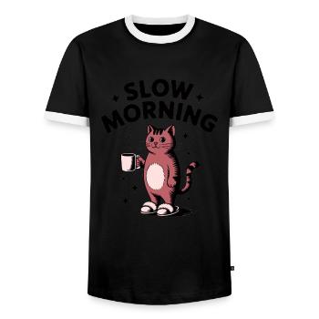 Café lent du matin chat - T-shirt contrasté Homme - noir/blanc - Devant - AI Model Female 172 light (172cm) & AI Model Male 178 light (178cm)