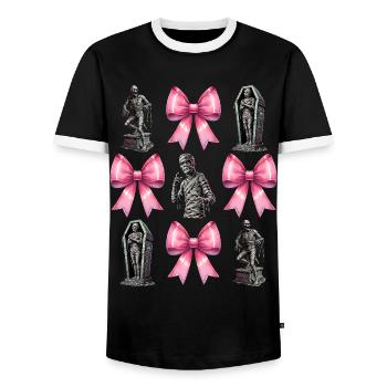 Coquettish Bow Mummy Spooky Halloween Mom - Men's Ringer Shirt - black/white - Front - AI Model Female 172 light (172cm) & AI Model Male 178 light (178cm)