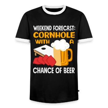 Cornhole Lovers Weekend Prediction - Men's Ringer Shirt - black/white - Front - AI Model Female 172 light (172cm) & AI Model Male 178 light (178cm)