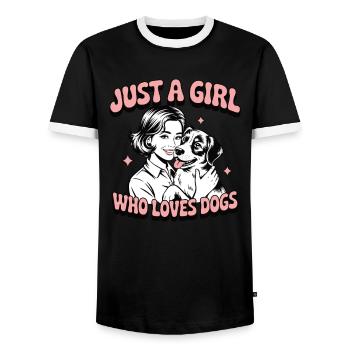Just a girl who loves dogs – Retro 1960s Pop-Art - Männer Kontrast-T-Shirt - Schwarz/Weiß - Vorne - AI Model Female 172 light (172cm) & AI Model Male 178 light (178cm)