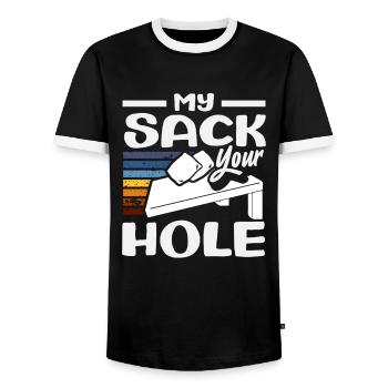 Cornhole Player My Sack Your Hole - T-shirt contrasté Homme - noir/blanc - Devant - AI Model Female 172 light (172cm) & AI Model Male 178 light (178cm)
