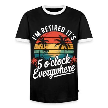 I'm retired – time for drinks - Men's Ringer Shirt - black/white - Front - AI Model Female 172 light (172cm) & AI Model Male 178 light (178cm)