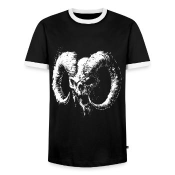Demon Skull with Ram's Horns – Dark Art - Men's Ringer Shirt - black/white - Front - AI Model Female 172 light (172cm) & AI Model Male 178 light (178cm)