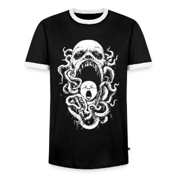 Tentacle Nightmare with Demon and Baby - Men's Ringer Shirt - black/white - Front - AI Model Female 172 light (172cm) & AI Model Male 178 light (178cm)