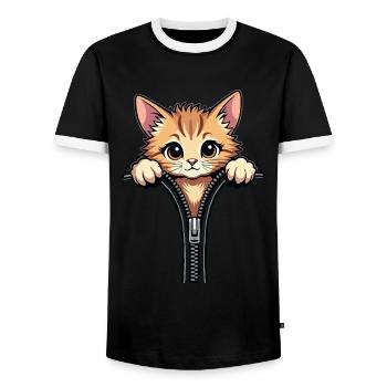 Chat curieux derrière une fermeture éclair - T-shirt contrasté Homme - noir/blanc - Devant - AI Model Female 172 light (172cm) & AI Model Male 178 light (178cm)