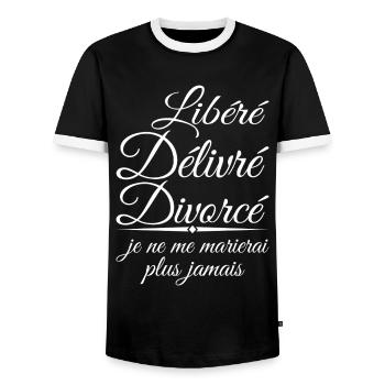 Released, Delivered, Divorced Gift - Men's Ringer Shirt - black/white - Front - AI Model Female 172 light (172cm) & AI Model Male 178 light (178cm)