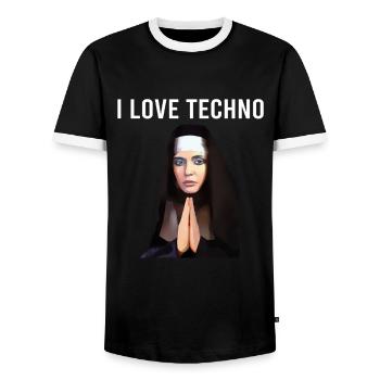 I Love Techno Nun - Men's Ringer Shirt - black/white - Front - AI Model Female 172 light (172cm) & AI Model Male 178 light (178cm)