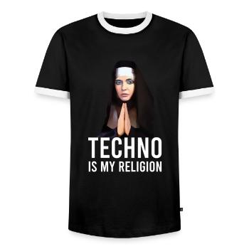 Techno is my religion - Men's Ringer Shirt - black/white - Front - AI Model Female 172 light (172cm) & AI Model Male 178 light (178cm)