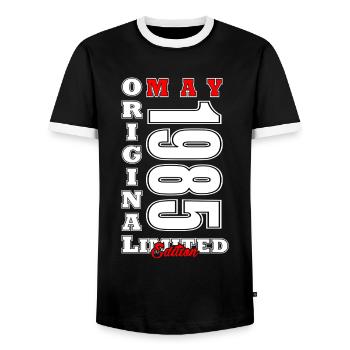 May 1985 birthday May 1985 May 1985 - Men's Ringer Shirt - black/white - Front - AI Model Female 172 light (172cm) & AI Model Male 178 light (178cm)