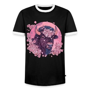 Bison with cherry blossom wreath - Men's Ringer Shirt - black/white - Front - AI Model Female 172 light (172cm) & AI Model Male 178 light (178cm)
