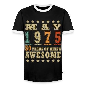 Mai 1975 Mai 1975, Né Mai 1975 Mai 1975 - T-shirt contrasté Homme - noir/blanc - Devant - AI Model Female 172 light (172cm) & AI Model Male 178 light (178cm)