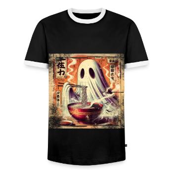 Ramen Ghost Grunge Poster Style - Men's Ringer Shirt - black/white - Front - AI Model Female 172 light (172cm) & AI Model Male 178 light (178cm)