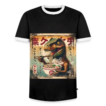 Ramen T Rex Grunge Poster Style - Men's Ringer Shirt - black/white - Front - AI Model Female 172 light (172cm) & AI Model Male 178 light (178cm)
