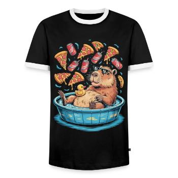 Capybara chill zone - pizza, soda, relaxation - Men's Ringer Shirt - black/white - Front - AI Model Female 172 light (172cm) & AI Model Male 178 light (178cm)