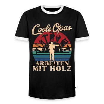Cool grandpas working with wooden retro grandfather - Men's Ringer Shirt - black/white - Front - AI Model Female 172 light (172cm) & AI Model Male 178 light (178cm)