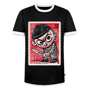 Comic gangster on postage stamp - Men's Ringer Shirt - black/white - Front - AI Model Female 172 light (172cm) & AI Model Male 178 light (178cm)