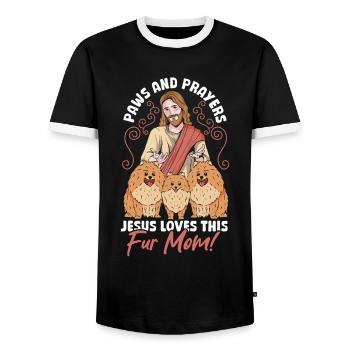 Hund Mama Pfoten Und Gebete: Jesus Hunde Mutter - Männer Kontrast-T-Shirt - Schwarz/Weiß - Vorne - AI Model Female 172 light (172cm) & AI Model Male 178 light (178cm)