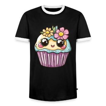 Kawaii Muffin with Flowers - Men's Ringer Shirt - black/white - Front - AI Model Female 172 light (172cm) & AI Model Male 178 light (178cm)