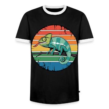 Retro Chameleon Owner Sunset for Reptile Lovers - Men's Ringer Shirt - black/white - Front - AI Model Female 172 light (172cm) & AI Model Male 178 light (178cm)