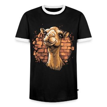 Camel in front of brick wall - Men's Ringer Shirt - black/white - Front - AI Model Female 172 light (172cm) & AI Model Male 178 light (178cm)