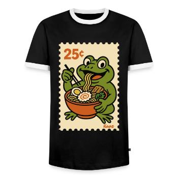 Happy frog with ramen on postage stamp - Men's Ringer Shirt - black/white - Front - AI Model Female 172 light (172cm) & AI Model Male 178 light (178cm)