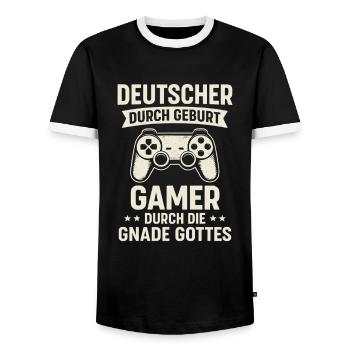 Allemand et joueur - Dicton du jeu - T-shirt contrasté Homme - noir/blanc - Devant - AI Model Female 172 light (172cm) & AI Model Male 178 light (178cm)