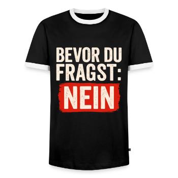 Avant que vous ne demandiez : NON – Drôle de dicton - T-shirt contrasté Homme - noir/blanc - Devant - AI Model Female 172 light (172cm) & AI Model Male 178 light (178cm)