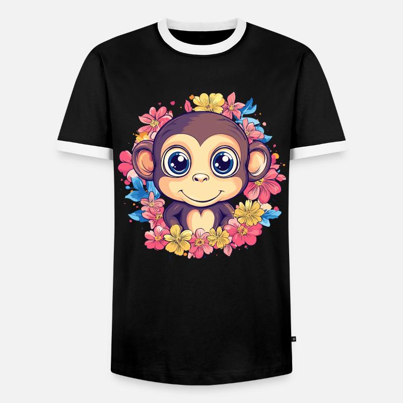 Fröhlicher Affe mit Blumen - Männer Kontrast-T-Shirt - Schwarz/Weiß